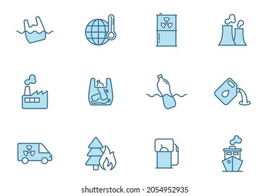 pollution line vector icons in two colors isolated on white background. pollution blue outline icon set for web design, ui, mobile apps and print