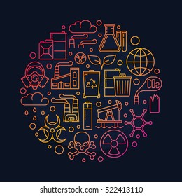 Pollution linear round symbol. Vector round environmental pollution illustration made with thin line icons on dark background