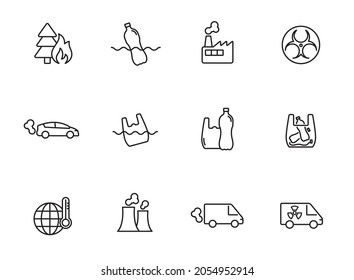 pollution linear vector icons isolated on white. pollution icon set for web and ui design, mobile apps and print polygraphy and promo advertising business