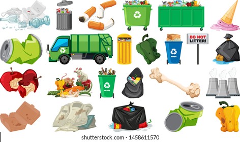 Pollution, litter, rubbish and trash objects isolated illustration