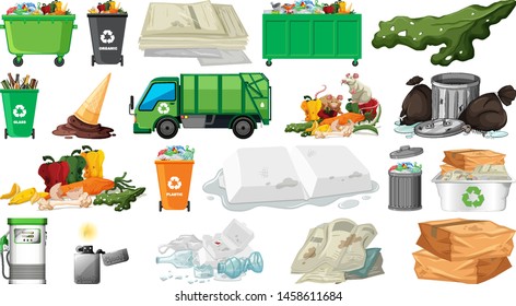 Pollution, litter, rubbish and trash objects isolated illustration