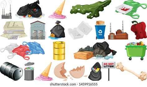Pollution, litter, rubbish and trash objects isolated illustration