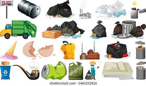 Pollution, litter, rubbish and trash objects isolated illustration