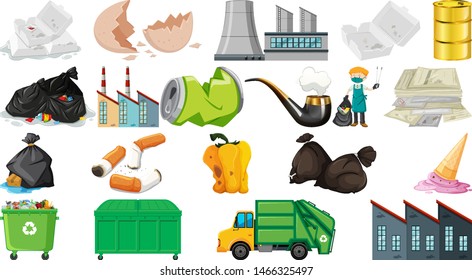 Pollution, litter, rubbish and trash objects isolated illustration