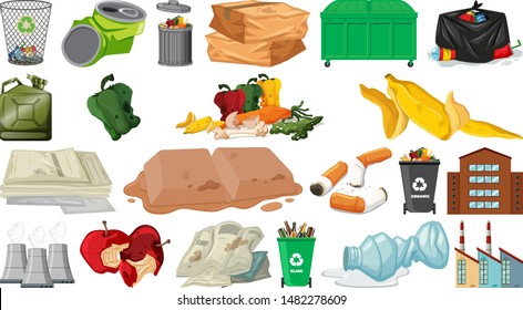 Pollution, litter, rubbish and trash objects isolated illustration