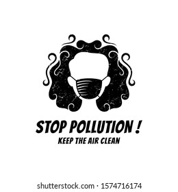 Pollution logo.  Vector of human silhouette wearing a mask in black smoke. Air pollution icon. Symbol of caring for the environment. Black grunge logo