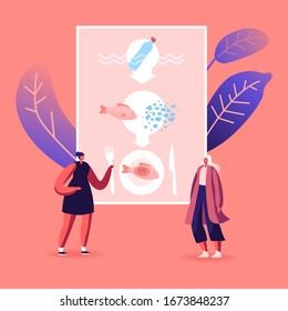 Pollution, Microplastic in Food Ecological Problem Concept. Female Characters Presenting Infographics of Micro Plastic Pieces Got into Fried Fish Dish on Plate. Cartoon People Vector Illustration