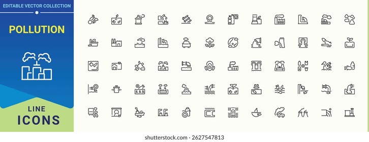 Pollution modern icon set. Dust modern icon set. Minimalist linear icons. Featuring dirty, eco, dust, smog, ecology, damage, greenhouse and more. Editable stroke collections.