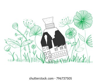 Pollution and natural environment for ecology concept vector illustration with doodle linear flower and factory in a bottle of poison