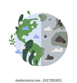 Pollution of nature with garbage concept. Half of the planet is polluted, other half cares about nature. Flat vector illustration isolated on white background.