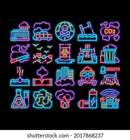 Pollution of Nature neon light sign vector. Glowing bright icon  Environmental Pollution, Chemical, Radiological Contamination Pictograms. Gas, CO2 Emissions, Dirty Soil, Water, Air Illustrations