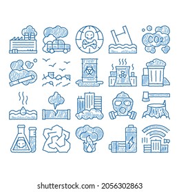 Verschmutzung der Natur Skizze Symbol Vektor. Handgezeichnete blaue Doodle-Linie Art Umweltverschmutzung, chemische, radiologische Kontaminationspsytogramme