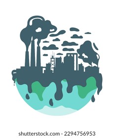 Pollution of nature. Smog over factory, harmful production of goods with release of waste into atmosphere. Toxic drops from radioactive waste or oil, fuel. Cartoon flat vector illustration
