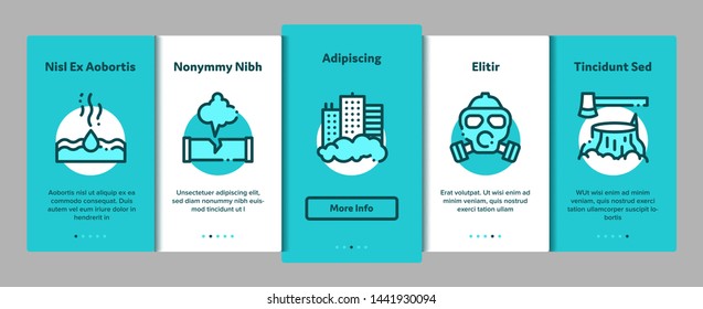 Pollution of Nature Vector Onboarding Mobile App Page Screen. Environmental Pollution, Chemical, Radiological Contamination Linear Pictograms. Gas, CO2 Emissions, Dirty Soil, Water, Air Illustration