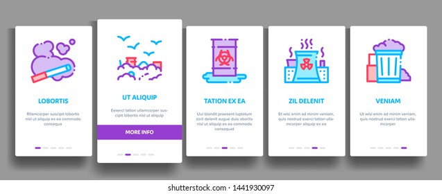 Pollution of Nature Vector Onboarding Mobile App Page Screen. Environmental Pollution, Chemical, Radiological Contamination Linear Pictograms. Gas, CO2 Emissions, Dirty Soil, Water, Air Illustration