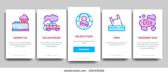 Pollution of Nature Vector Onboarding Mobile App Page Screen. Environmental Pollution, Chemical, Radiological Contamination Linear Pictograms. Gas, CO2 Emissions, Dirty Soil, Water, Air Illustration