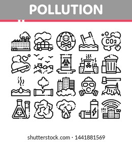 Pollution of Nature Vector Thin Line Icons Set. Environmental Pollution, Chemical, Radiological Contamination Linear Pictograms. Gas, CO2 Emissions, Dirty Soil, Water, Air Color Contour Illustrations
