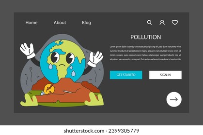 Pollution night or dark mode web banner or landing page. Contamination with waste. Sad crying Earth drowning in the waste reaching out for help. Environmental degradation. Flat vector illustration