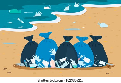 Pollution of the ocean and beach with medical debris after covid-19. garbage bags on the sand with medical masks, syringes, disinfectant packages. vector illustration