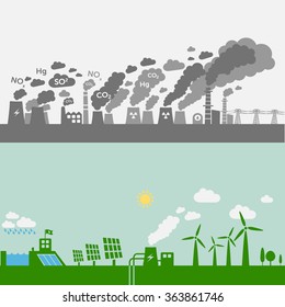 Pollution from old power plants vs. green types of power plants (water, solar, geothermal, wind). Sustainable development theme.