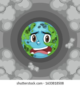 Pollution on earth with dirty smoke in background illustration
