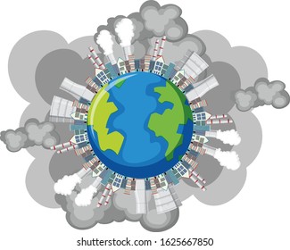 Pollution on earth with factory buildings and smoke coming out illustration