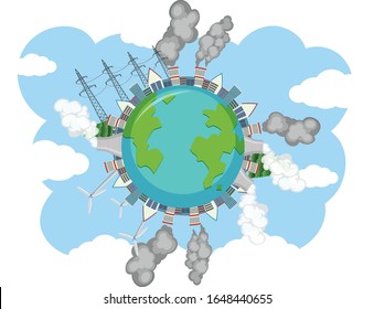 Pollution on earth with factory buildings making dirty smoke illustration
