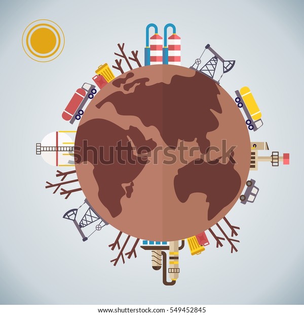 Pollution on earth. Household and industrial\
waste. Toxic emissions spoiled atmosphere. Ecological catastrophe.\
Flat vector cartoon eco concept illustration. Objects isolated on a\
white background.