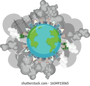 Pollution on earth with many smoke coming out of factory buildings illustration