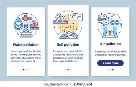 Pollution onboarding mobile app page screen with linear concepts. Water, soil and air waste contamination walkthrough steps graphic instructions. UX, UI, GUI vector template with illustrations