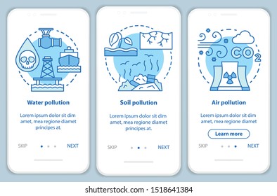 Pollution onboarding mobile app page screen vector template. Water, soil and air waste contamination. Walkthrough website steps with linear illustrations. UX, UI, GUI smartphone interface concept