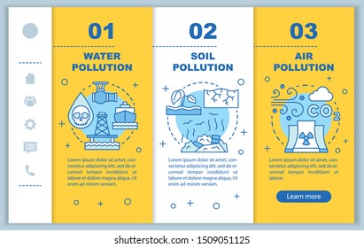 Pollution onboarding mobile web pages vector template. Waste contamination. Responsive smartphone website interface idea with linear illustrations. Webpage walkthrough step screens. Color concept