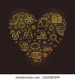 Pollution outline heart shaped vector golden illustration. Polluted Environment concept colored banner with dark background 