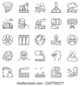 Ensemble d'icônes de contour de pollution - déchets vectoriels, déchets, piles, eaux usées, symboles de ligne de concept de l'industrie ou éléments de conception