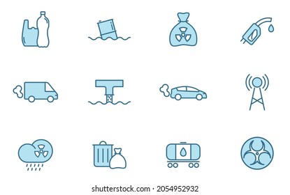 pollution outline vector icons in two colors isolated on white background. pollution blue icon set for web design, ui, mobile apps and print polygraphy