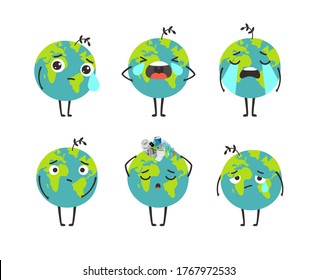Pollution planet character. Cartoon planets mascots with ecology problems without forest breathing, plastic and air pollution make earth sick and cry isolated on white for eco conce