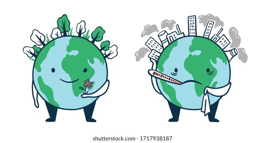 Pollution of the planet concept.  Sad sick planet earth. Factories and industrial waste. And our healthy planet. Vector stock illustration. A lot of forests, clean breath. Happy cartoon character.