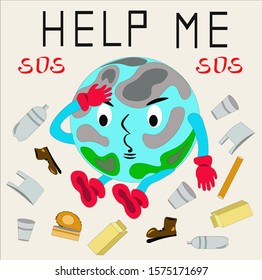 Pollution of the planet.The globe asks for help and consciousness from people.Our planet is drowning in plastic trash.Disaster is approaching.Ecology comes first.Sos.