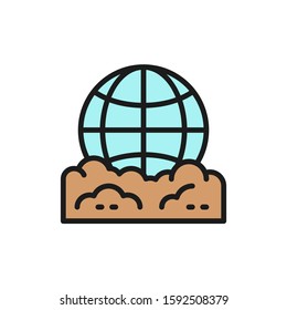 Pollution of the planet, globe garbage flat color line icon.