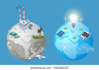 Pollution planet problem. Pollution vs clean earth. Isometric alternative energy sources vector illustration