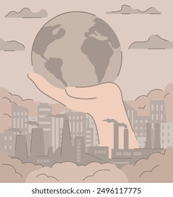 Pollution planet problem.Global industrial air pollution.Harmful toxic emissions. Planet in danger.Cityscape smoke pollution from city.Pollution factory.The hand holds the planet earth.