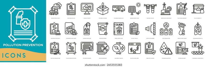 Pollution Prevention Icon set. Emission Control System, Waste Reduction Plan, Air Quality Monitor, Eco Friendly Packaging and Sustainable Transport Icon
