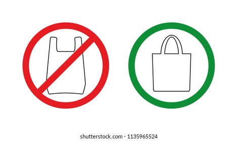 Pollution Problem Concept.No Plastic Bags Allowed, Use Textile Or Paper Sac.Prohibiting And Allowing Red And Green Signs.Simple Pictograms For Stores And Shops.Vector Illustration Isolated On White