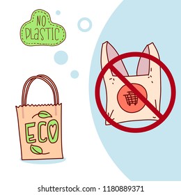 Pollution problem concept. Say no to plastic bags, bring your own textile bag. Cartoon styled images with signage calling for stop using disposable polythene package. Eco bag. Vector illustration. 