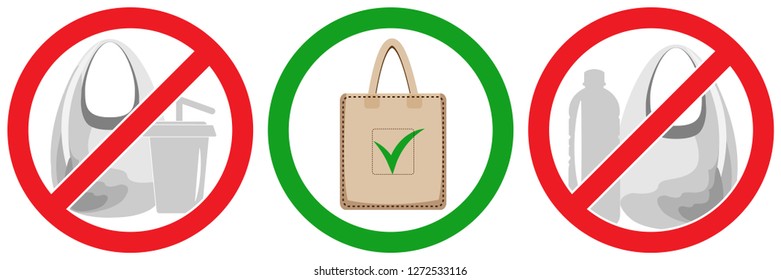 Pollution problem concept. Say no to plastic bags,glass,bottle. isolated on white background,warning label Vector illustration.