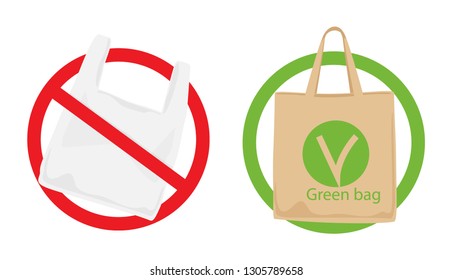 Pollution problem concept. Say no to plastic bags, bring your own textile bag. Signage calling for stop using disposable polythene package. 