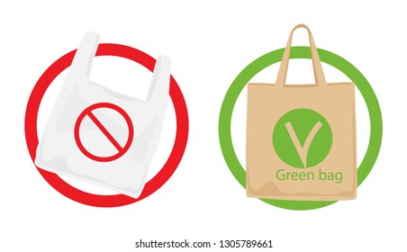 Pollution problem concept. Say no to plastic bags, bring your own textile bag. Signage calling for stop using disposable polythene package. 