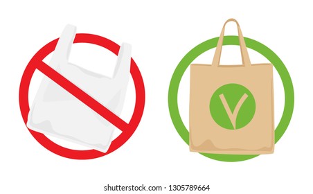 Pollution problem concept. Say no to plastic bags, bring your own textile bag. Signage calling for stop using disposable polythene package. 