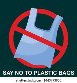Pollution problem concept. Say no to plastic bags, bring your own textile bag. Cartoon styled images with signage calling for stop using disposable polythene package. Vector