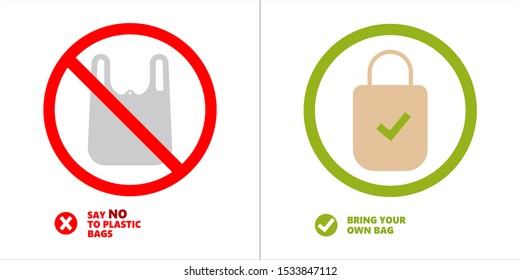 Pollution problem concept. Say no to plastic bags, bring your own textile bag. Cartoon styled images with signage calling for stop using disposable polythene package. Vector forbidden sign.